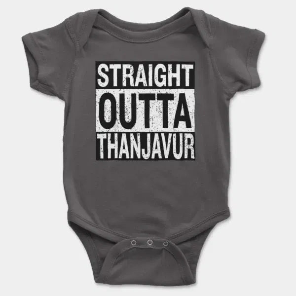 Straight Outta Thanjavur Short Sleeve Baby Onesie in Charcoal Color