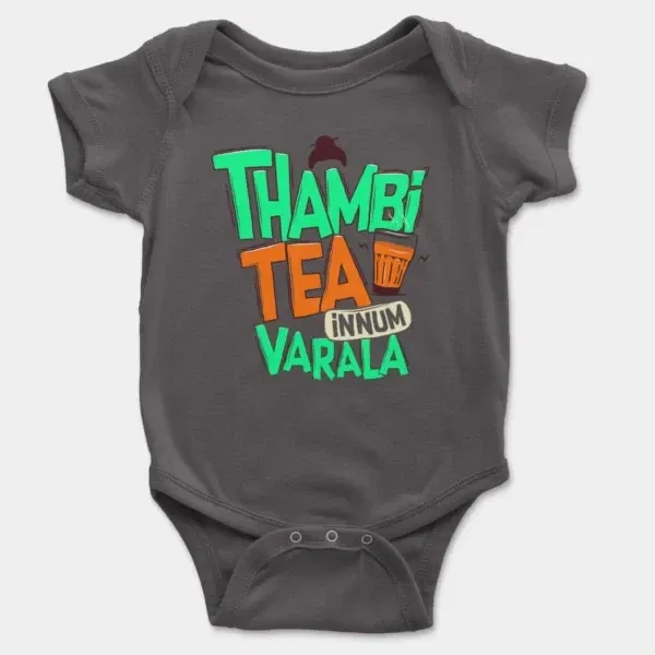 Thambi Tea Innum Varala Short Sleeve Baby Onesie in Charcoal Color