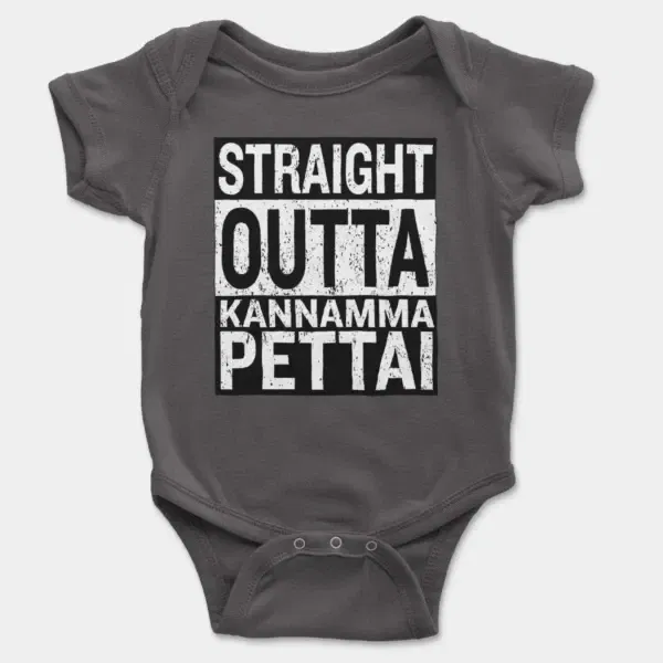 Straight Outta Kannamma Pettai Short Sleeve Baby Onesie in Charcoal Color