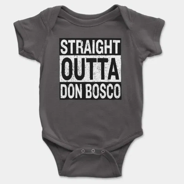 Straight Outta Don Bosco Short Sleeve Baby Onesie in Charcoal Color