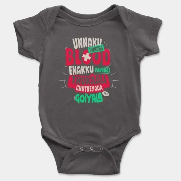 Unnaku Vundha Blood Enakku Vandha Thukaali Chutneyada Goiyala Short Sleeve Baby Onesie in Charcoal Color