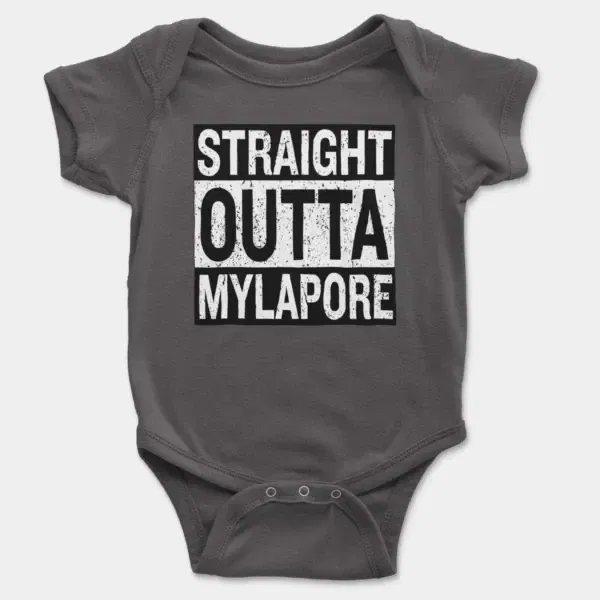 Straight Outta Mylapore Short Sleeve Baby Onesie in Charcoal Color