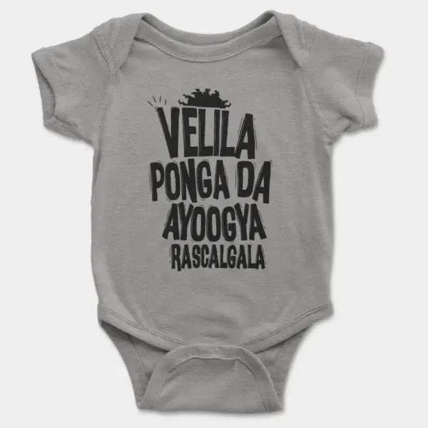 Velila Ponga Da Ayoogya Rascalgala Short Sleeve Baby Onesie in Heather Color