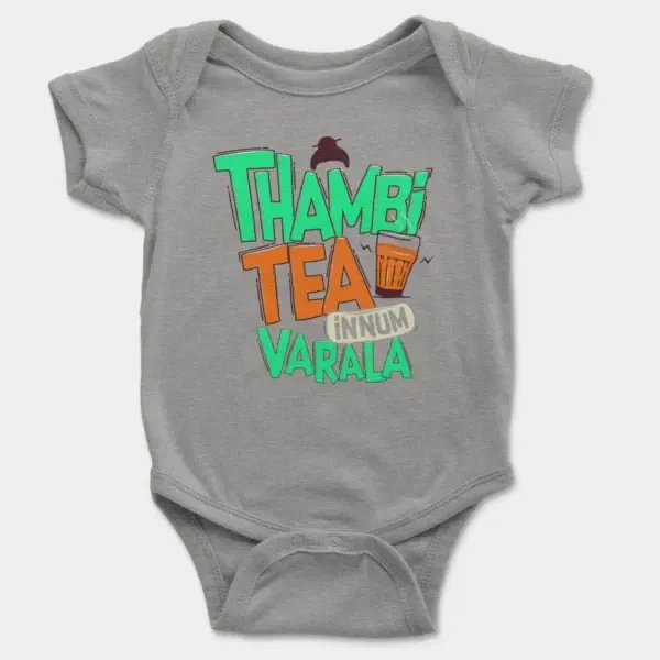 Thambi Tea Innum Varala Short Sleeve Baby Onesie in Heather Color