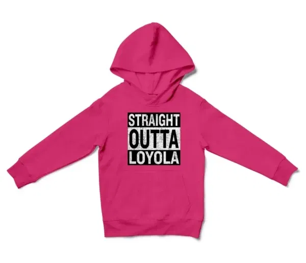 Straight Outta Loyola Unisex Youth Hoodie in Heliconia Color