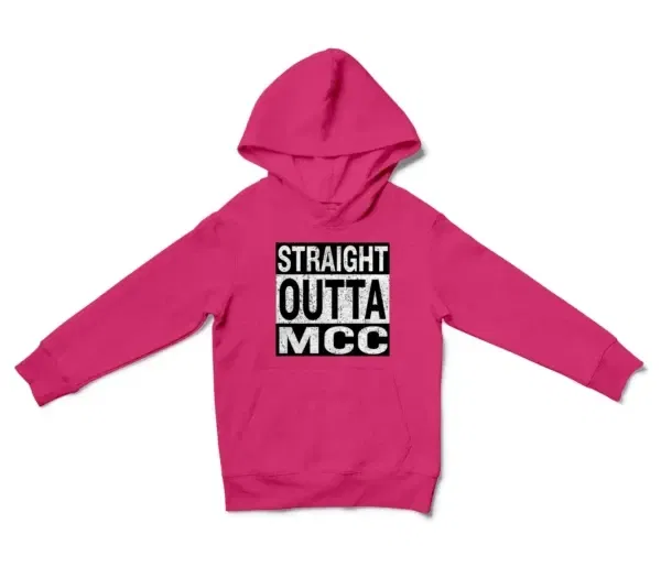 Straight Outta Mcc Unisex Youth Hoodie in Heliconia Color