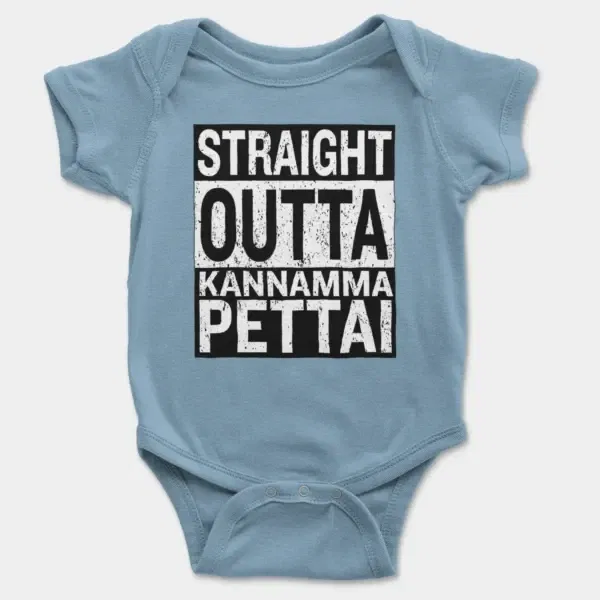 Straight Outta Kannamma Pettai Short Sleeve Baby Onesie in Light Blue Color