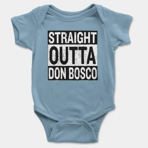 Straight Outta Don Bosco Short Sleeve Baby Onesie in Light Blue Color