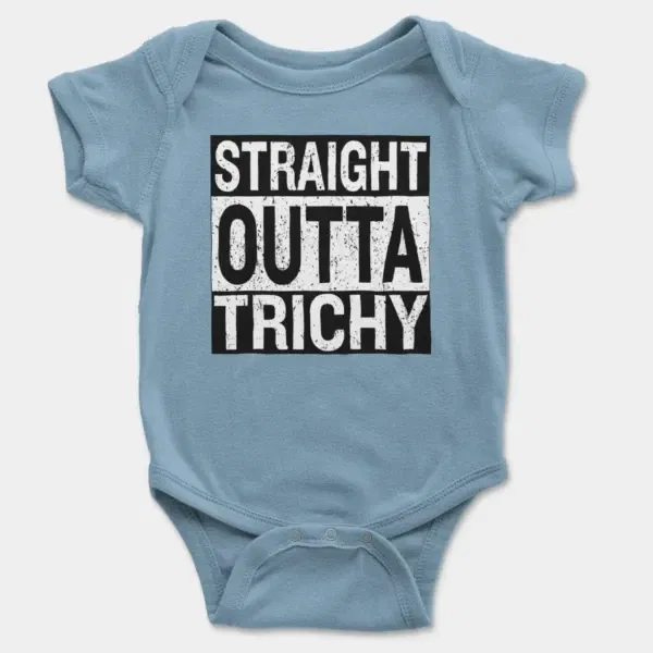 Straight Outta Trichy Short Sleeve Baby Onesie in Light Blue Color