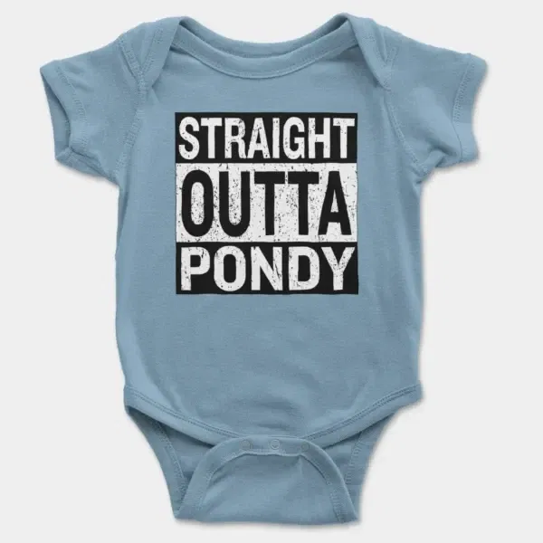 Straight Outta Pondy Short Sleeve Baby Onesie in Light Blue Color