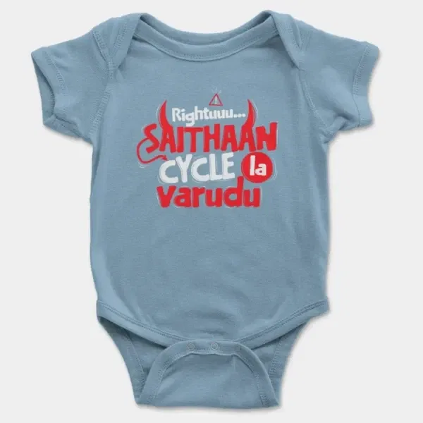 Rightuuu.. Saithaan Cycle La Varudhu Short Sleeve Baby Onesie in Light Blue Color