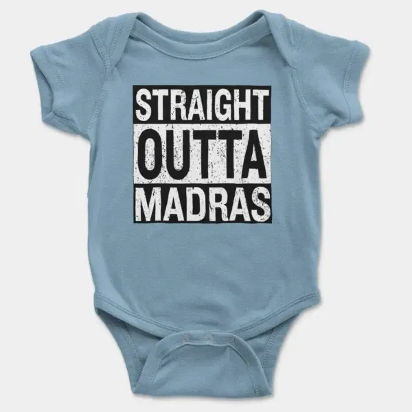 Straight Outta Madras Short Sleeve Baby Onesie in Light Blue Color