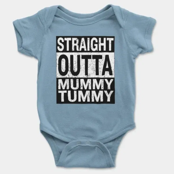 Straight Outta Mummy Tummy Short Sleeve Baby Onesie in Light Blue Color