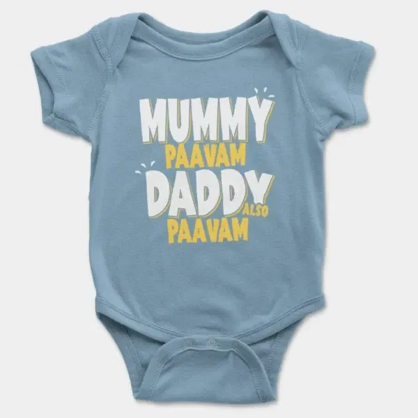 Mummy Paavam, Daddy Also Paavam Short Sleeve Baby Onesie in Light Blue Color