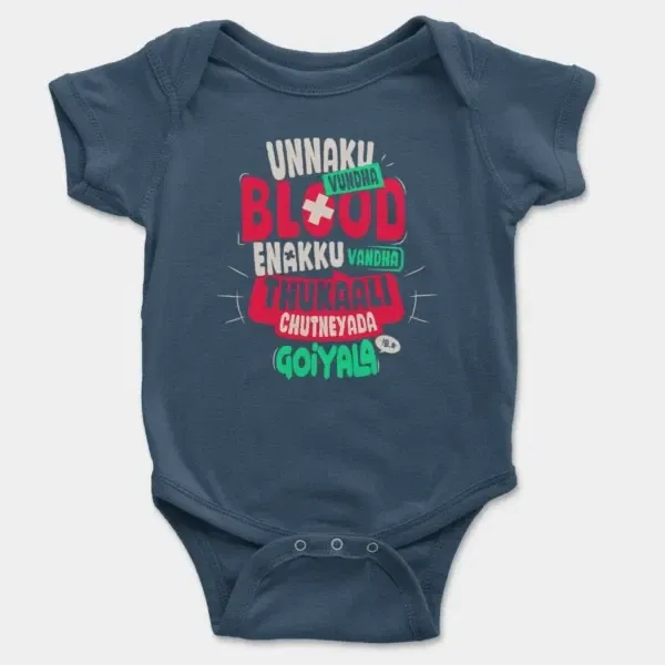 Unnaku Vundha Blood Enakku Vandha Thukaali Chutneyada Goiyala Short Sleeve Baby Onesie in Navy Color