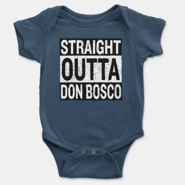 Straight Outta Don Bosco Short Sleeve Baby Onesie in Navy Color