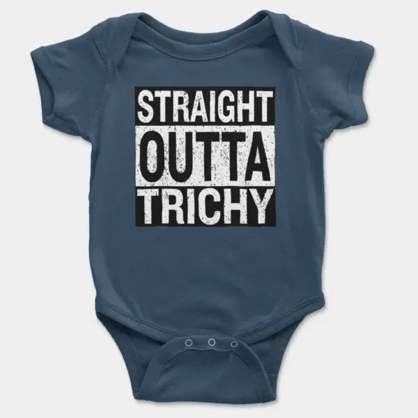 Straight Outta Trichy Short Sleeve Baby Onesie in Navy Color