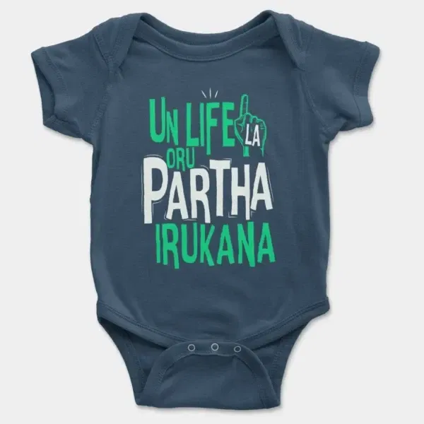 Un Life La Oru Partha Irukana Short Sleeve Baby Onesie in Navy Color