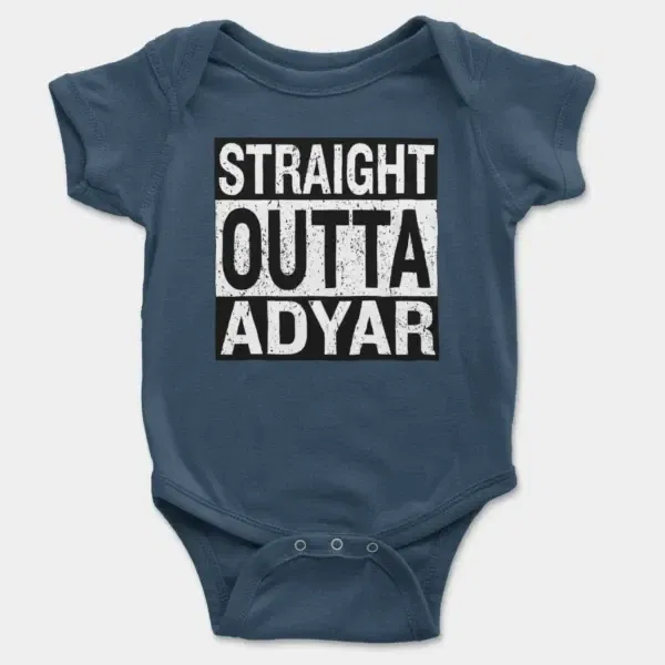 Straight Outta Adyar Short Sleeve Baby Onesie in Navy Color