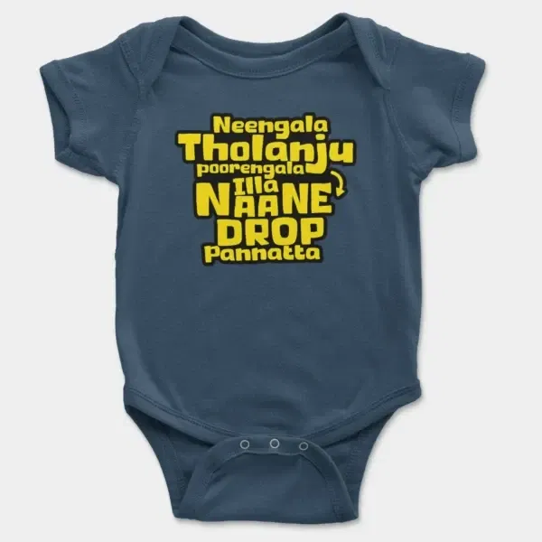 Neengala Tholanju Poorengala Illa Naane Drop Pannatta Short Sleeve Baby Onesie in Navy Color