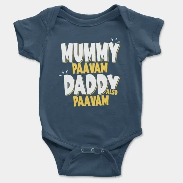 Mummy Paavam, Daddy Also Paavam Short Sleeve Baby Onesie in Navy Color