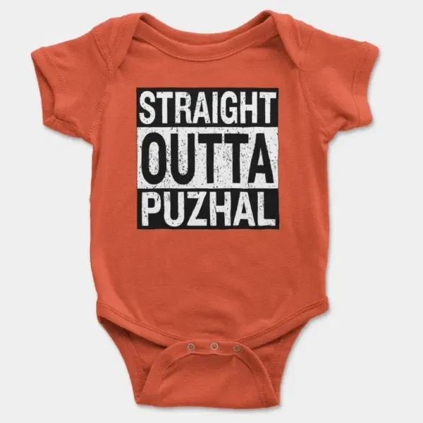 Straight Outta Puzhal Short Sleeve Baby Onesie in Orange Color