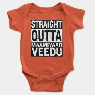 Straight Outta Maamiyaar Veedu Short Sleeve Baby Onesie in Orange Color