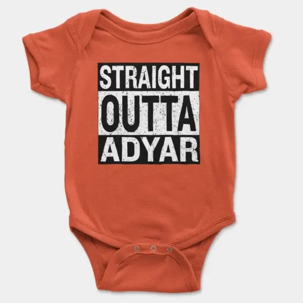 Straight Outta Adyar Short Sleeve Baby Onesie in Orange Color