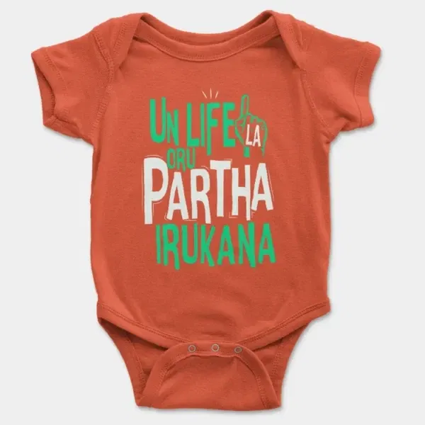 Un Life La Oru Partha Irukana Short Sleeve Baby Onesie in Orange Color