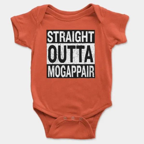 Straight Outta Mogappair Short Sleeve Baby Onesie in Orange Color