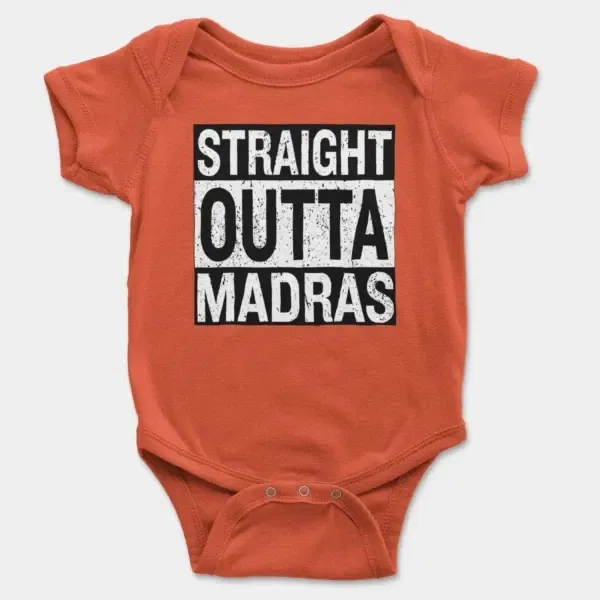 Straight Outta Madras Short Sleeve Baby Onesie in Orange Color