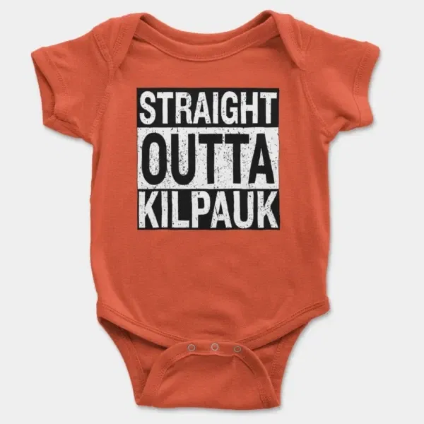 Straight Outta Kilpauk Short Sleeve Baby Onesie in Orange Color