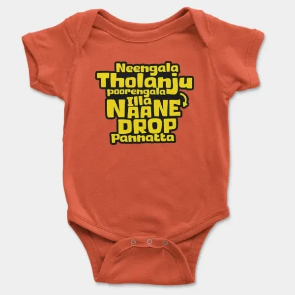 Neengala Tholanju Poorengala Illa Naane Drop Pannatta Short Sleeve Baby Onesie in Orange Color