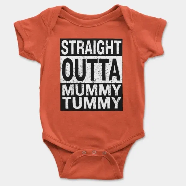 Straight Outta Mummy Tummy Short Sleeve Baby Onesie in Orange Color