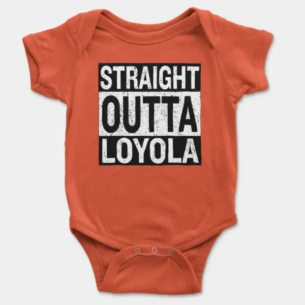 Straight Outta Loyola Short Sleeve Baby Onesie in Orange Color