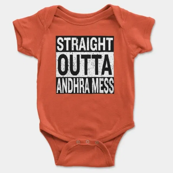 Straight Outta Andhra Mess Short Sleeve Baby Onesie in Orange Color