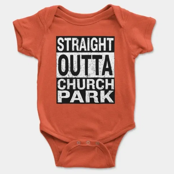 Straight Outta Church Park Short Sleeve Baby Onesie in Orange Color