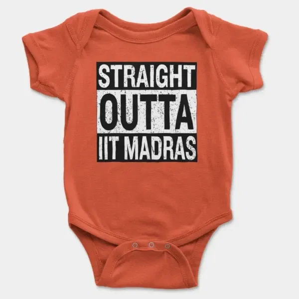 Straight Outta Iit Madras Short Sleeve Baby Onesie in Orange Color