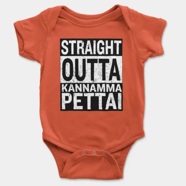 Straight Outta Kannamma Pettai Short Sleeve Baby Onesie in Orange Color