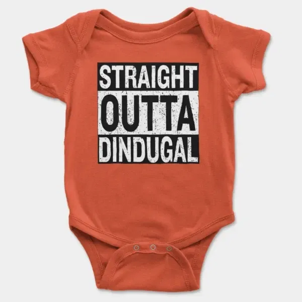 Straight Outta Dindugal Short Sleeve Baby Onesie in Orange Color