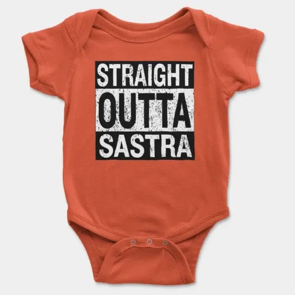 Straight Outta Sastra Short Sleeve Baby Onesie in Orange Color