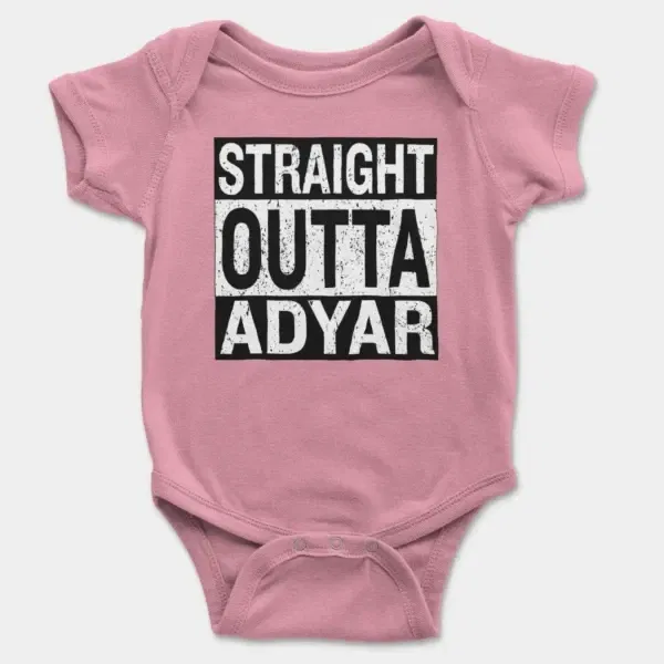 Straight Outta Adyar Short Sleeve Baby Onesie in Pink Color