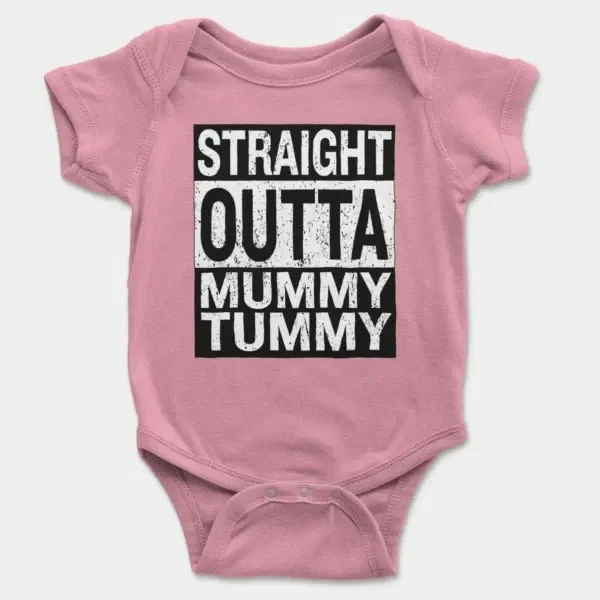 Straight Outta Mummy Tummy Short Sleeve Baby Onesie in Pink Color