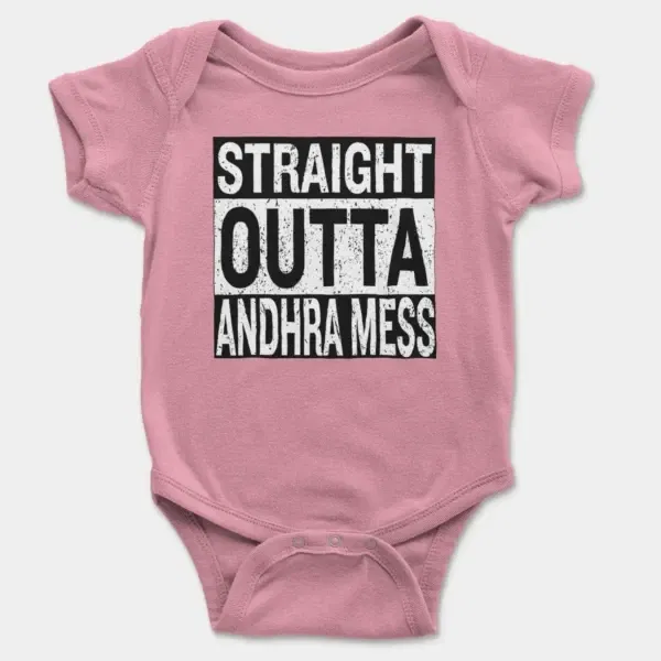 Straight Outta Andhra Mess Short Sleeve Baby Onesie in Pink Color