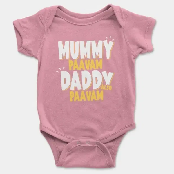 Mummy Paavam, Daddy Also Paavam Short Sleeve Baby Onesie in Pink Color