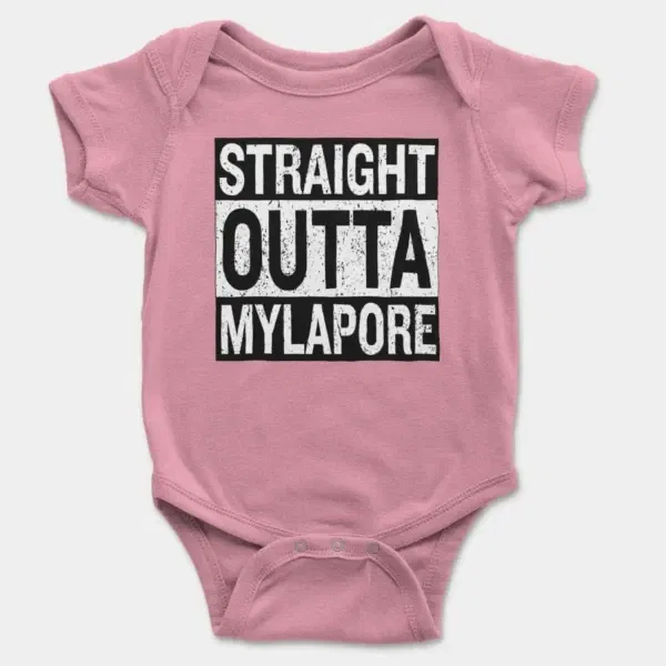 Straight Outta Mylapore Short Sleeve Baby Onesie in Pink Color