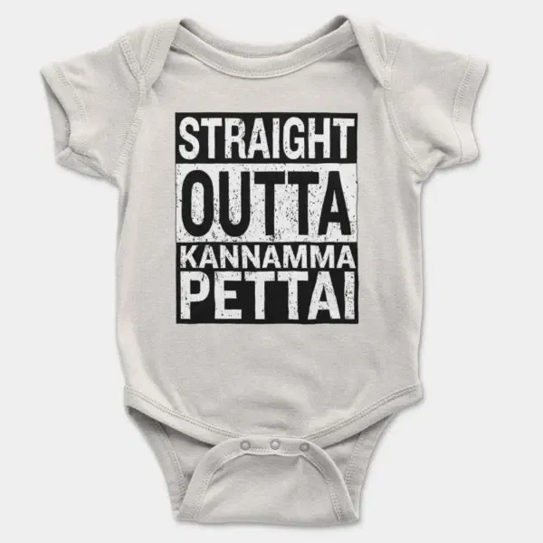 Straight Outta Kannamma Pettai Short Sleeve Baby Onesie in White Color