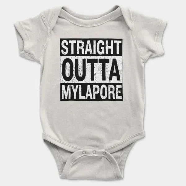 Straight Outta Mylapore Short Sleeve Baby Onesie in White Color