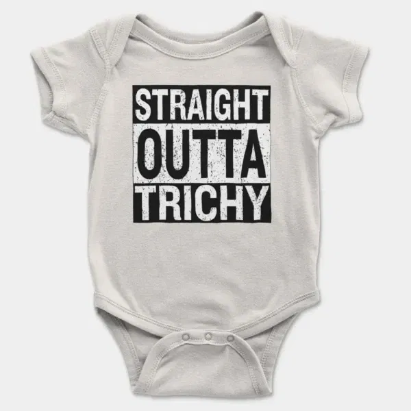 Straight Outta Trichy Short Sleeve Baby Onesie in White Color