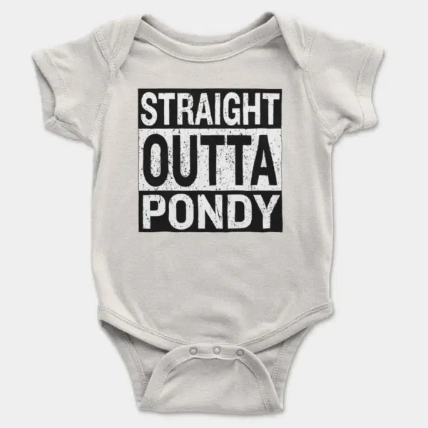 Straight Outta Pondy Short Sleeve Baby Onesie in White Color